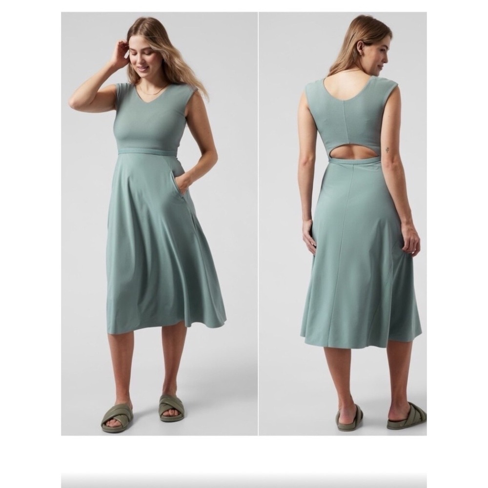 Athleta Ryder Dress Womens sz L sage Green Cutout Back Pocket Ribbed Midi modest